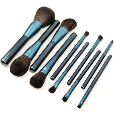 China Angular Blush OCM 10 Pcs Private Label High Quality Blue Wood Handle Cosmetic Makeup Brush Set for sale