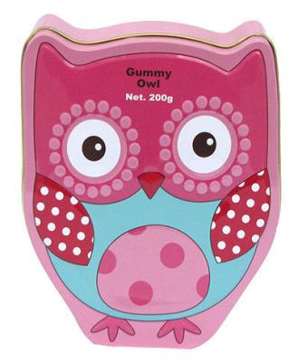 China Gummy Owl Metal Storage Boxes , Food Grade Metal Tin ,Christmas Candy Tins With CYMK Color Printing and Vanish Te koop