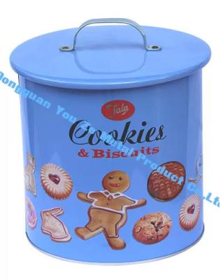 China Jala Cookie Tins-Keks-Nahrungsmittelgrad Tin Containers Blue Cookie Tin mit Griff auf Kappe zu verkaufen