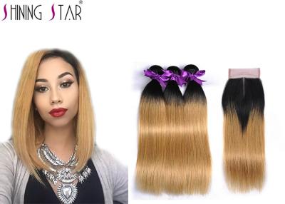 China Os pacotes brasileiros humanos retos das extensões do cabelo do cabelo 3Pcs de Ombre com cabelo da cor 1B27 do fechamento tecem à venda