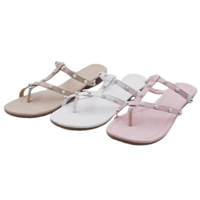 China Fashion Trend New Arrival T Strap Pearl Flat Sandals For Women for sale