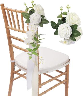 China Wedding Decoration Wedding Chair Decorations Set of 8, White Cream Rustic Aisle Artificial Flowers with Chiffon Ribbons for Wedding Decoration for sale