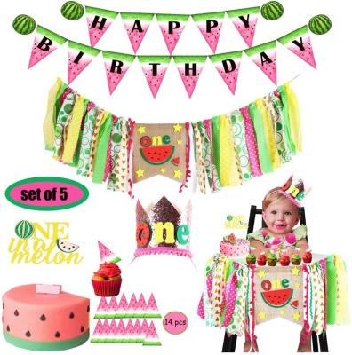 China Festival Decoration Watermelon Birthday Highchair Banner One in One Melon Fruit 1st Birthday Party Supplies for Baby Boy Decoration for sale