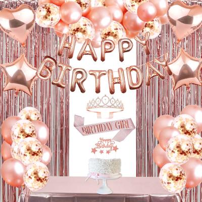 China Festival Decoration Top Hot Selection Birthday Party Supplies Rose Gold Party Happy Birthday Banner Balloons Backdrop Birthday Girl Decorations Set for sale