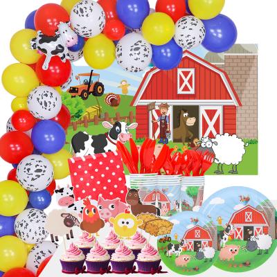 China Party Props 248 PCS Farm Animals Party Supplies Decorations Barn Birthday Party Balloons Backdrop Tableware Cups Napkins Cutlery for sale