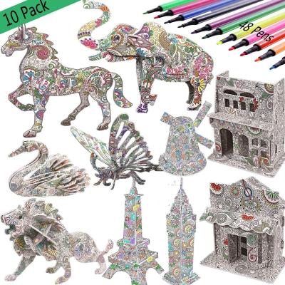 China DIY TOY 3D Coloring Puzzle Set 10 Pack Puzzles With 48 Pen Markers Art Coloring Painting 3D Puzzle For Kids Age 7+ Creative Fun DIY Toy for sale