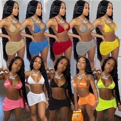 China New Arrivals Breathable 2022 Summer Bikini Swimwear Three Piece Set Neck Women Swimwear In 5 Colors for sale