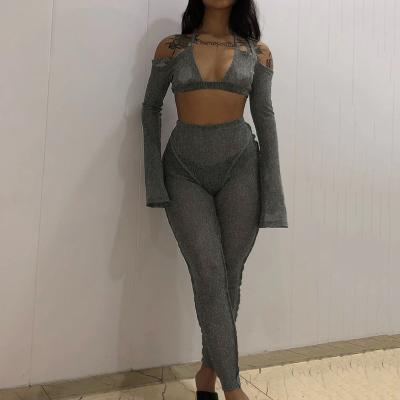 China 2022 Selling Fashion New Arrivals Fashion Breathable Spring Women's Low Neckline Tops+Vintage Lace Strap Skinny Hippie Pants 2 Piece Set for sale