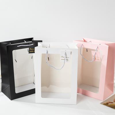 China Recyclable Transparent Packaging Gift Window Rose Bouquet Flower Box Hand Paper Flower Carry Bag For Flower for sale