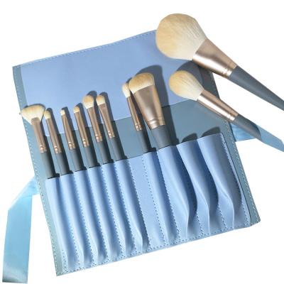 China New Arrivals Makeup Brush Set 10pcs Blue Custom Logo Cosmetic Soft Dense Synthetic Hair Wood Handle Make Up Brushes for sale