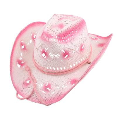 China Striped Crochet Hats Cowboy Hat Paper Straw Hat Pink Color For Ladies for sale