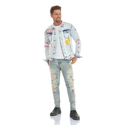 China 74% Cotton 24% Polyester 2% Spandex Men's Acid Wash Jacket With Patches And Accents Decoration Casual Cowboy Knitted Jacket for sale