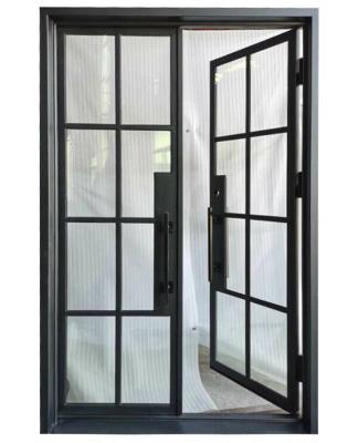 China Anti-theft metal aluminum black interior frame double door curtain fabric glass french door for sale