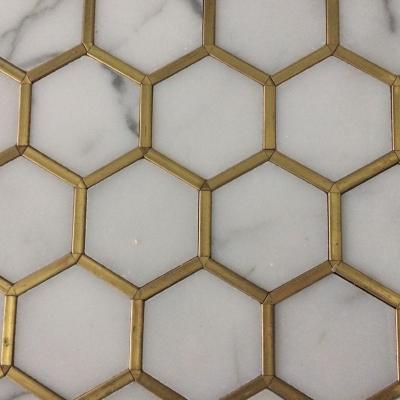 China Parquet Marble Mosaic Home Slab Hexagon Mosaic Slab Gold Decorative White Marble Metal for sale