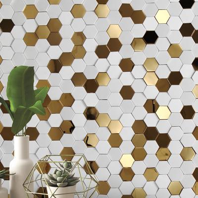 China Modern 3D Parquet Hexagon Mosaic Wall Slab Gold Stainless Steel Wood Waste Ceramic Wall Slab Decor Wall Veneer for sale