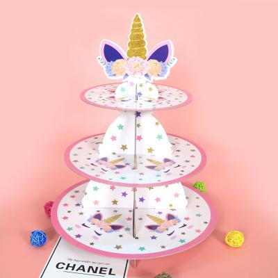 China Luxury European Cartoon Unicorn Cake Paper 3-Layer Stand Wedding Birthday Party Supplies Disposable Three-Layer Cake Stand for sale