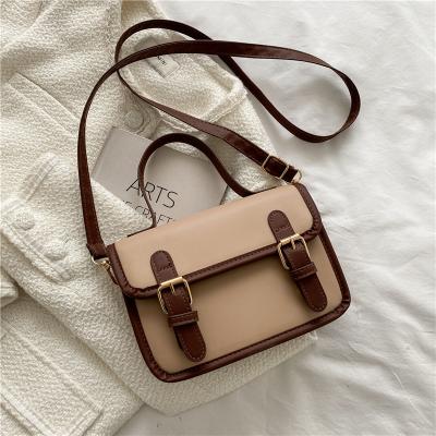 China 2022 vintage courier bag simple GENUINE LEATHER bag women's new splice one shoulder cross - body fashion small square bag for sale