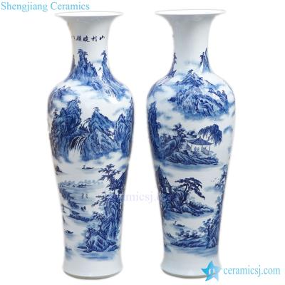 China Floor Vase Floor Stand Vase Blue White Tall Mountain Trees Pattern Flower Vase For Office Hotel Decoration for sale