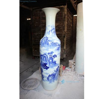 China Luxury Traditional Household Blue And White Vase Painting Landscape Flower Pots Porcelain Floor Vase for sale