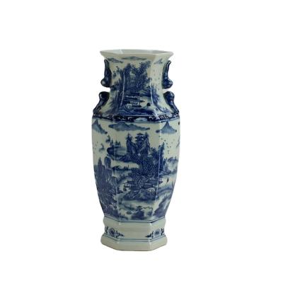 China 17 inch blue and white vases in traditional antique landscape design for sale