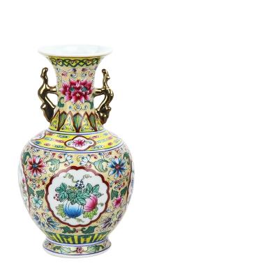 China RZFA14 traditional Family rose back royal yellow ground pink lotus porcelain vase with gold dragon handles for sale