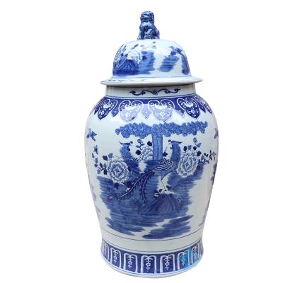 China RYLU177-C Flexible Shengjiang Blue and White Ceramic Pot of Phoenix and Peony Potiche Design for sale