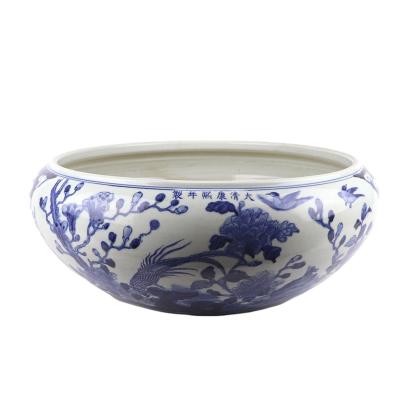 China Traditional Chinese RZSC27 Blue and White Flower Basin and Bird Flower Bowl Flower Basin for sale