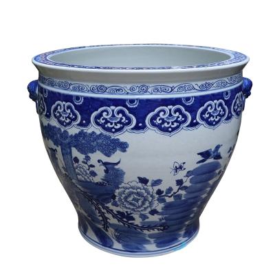 China RYLU176-F Chinese Traditional Viable Floral And Bird Design Blue And White Fish Ceramic Bowl for sale