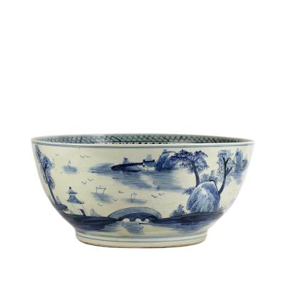 China RZFH07 Easy Clean Blue And White Hand Paint Airy Pavilions And Pagodas Landscape Plump Ceramic Pattern Bowl for sale