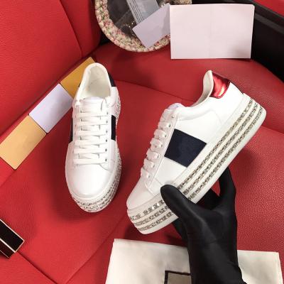 China CUSHIONING Italy Genuine Leather Sports Platform Women Fashion White Female Bee Sneakers Small Thick Bottom Casual Shoes for sale