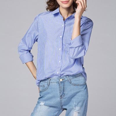 China Plus Size Women's Anti-Pilling Office Classic Casual Regular-Fit Long Sleeve Button Down Stripe Poplin Shirt for sale