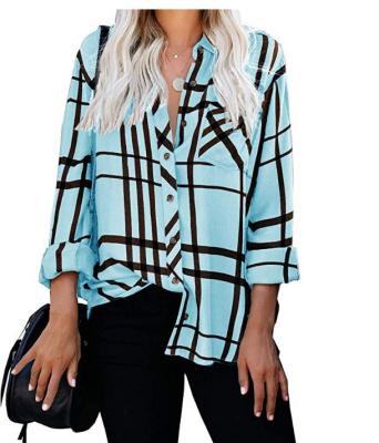 China Anti-wrinkle Women's Long Sleeve Stand Up Collar Plaid Casual Blouses Pocket Button Down Shirts Tops for sale