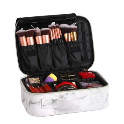 China Portable Durable Leather Cosmetic Storage Box PU Train Makeup Case Organizer for sale