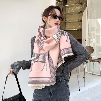 China Fashion Pink Horse Large 2 Piece Cashmere Shawl Blanket Scarf For Lady Winter Scarf for sale