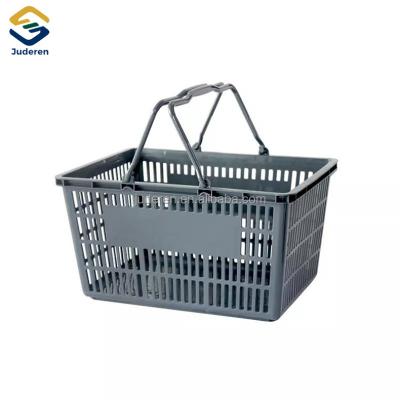 China Portable Double Handle Carry Shopping Basket with Wheels Mini Supermarket Plastic Baskets for sale