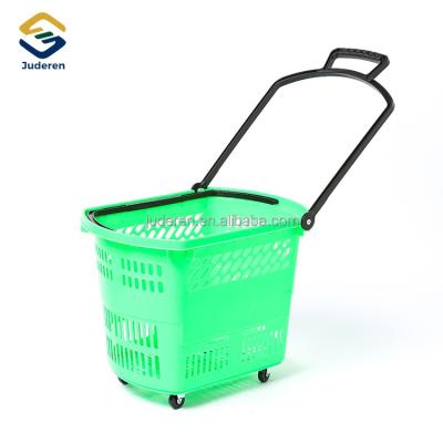 China Supermarket Portable Large Size Trolley Basket Plastic Shopping Carry Basket With Wheels for sale