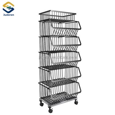 China Corrosion Protection Price Convenience Rolling Stackable Wire Basket Fruit Vegetable Organizer Produce Metal Storage Rack For Shop Fruit Rack Display for sale