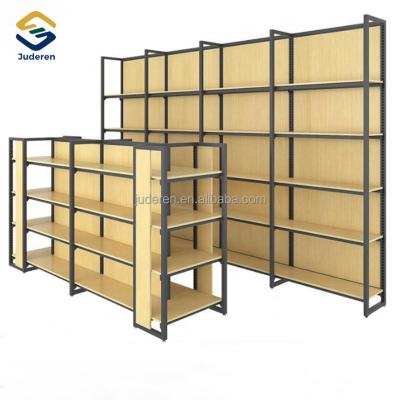 China Custom Size Corrosion Protection Steel And Wood Single Sided Store Racks Retail Store Display Rack Shelf for sale