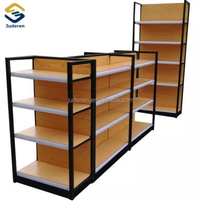 China Cosmetic Steel Wooden Supermarket Gondola Corrosion Protection Grocery Store Shelf Store Shelf Display Racks for sale