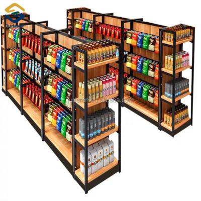 China Corrosion Protection Grocery Shelf Retail Display Racks Wooden Double Side Supermarket Single Duty Classic Set Customized 4 Layers Gondola for sale