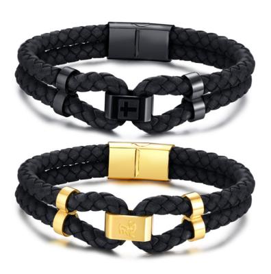 China Other Hot Selling Titanium Steel Leather Bracelet Woven Double Cross Jewelry Leather Bracelets For Men for sale