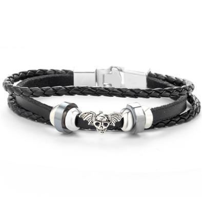 China 2021 Others Fashion Alloy Leather Skull Bracelet Men Woven Ropem Male Leather Bracelet for sale