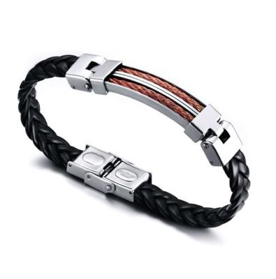 China Others New Style PU Material High Quality Men's Black Leather Rope Bracelet Titanium Steel Bracelets for sale