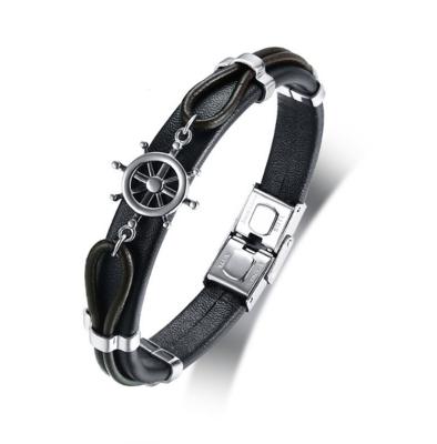 China Other New Fashionable Color Stainless Steel Men's Rudder Woven Chain Genuine Leather Bracelets for sale