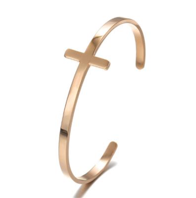 China Other Logo Custom C-Shaped Opening Bangle Titanium Stainless Steel Adjustable Cross Bracelet For Women for sale