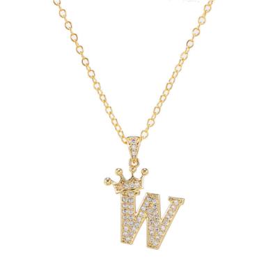 China Other Trending Zircon Pendant 26 Crown English Letters Initial Stainless Steel Chain Gold Plated Necklaces for sale