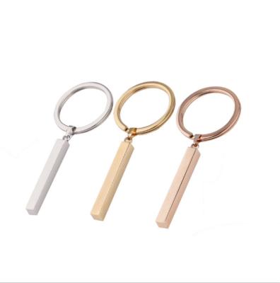 China Fashionable Three-Dimensional Long Bar Tag Key Chain Four-sided Shiny Can Be Personalized Engraved Stainless Steel Key Chain for sale