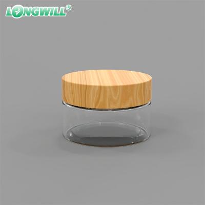 China Food Grade Cosmetic Air Tight PET Wide Mouth Plastic Storage Jars With PP Bamboo Wood Printing Lid for sale