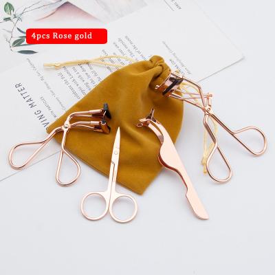 China 4-pieces 4 Pieces Private Label Makeup Tools Stainless Steel Eyelash Curler Rose Gold Eyelash Applicator Eyebrow Tweezer Set for sale