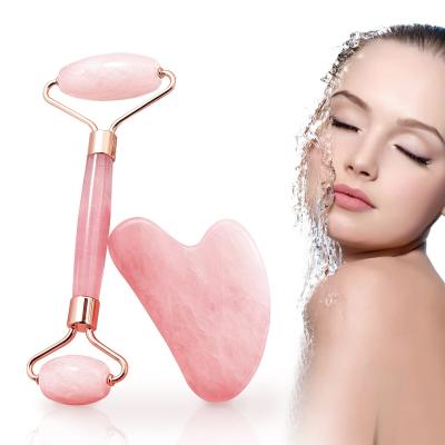 China Comfortable 100% High Quality Custom Box Natural Anti Aging Rose Quartz Jade Roller Gua Sha Facial Massager Set For Face for sale